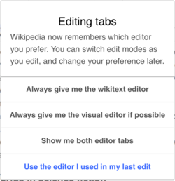 Lo screenshot mostra la finestra di dialogo per il passaggio da editor wikitesto a VisualEditor.