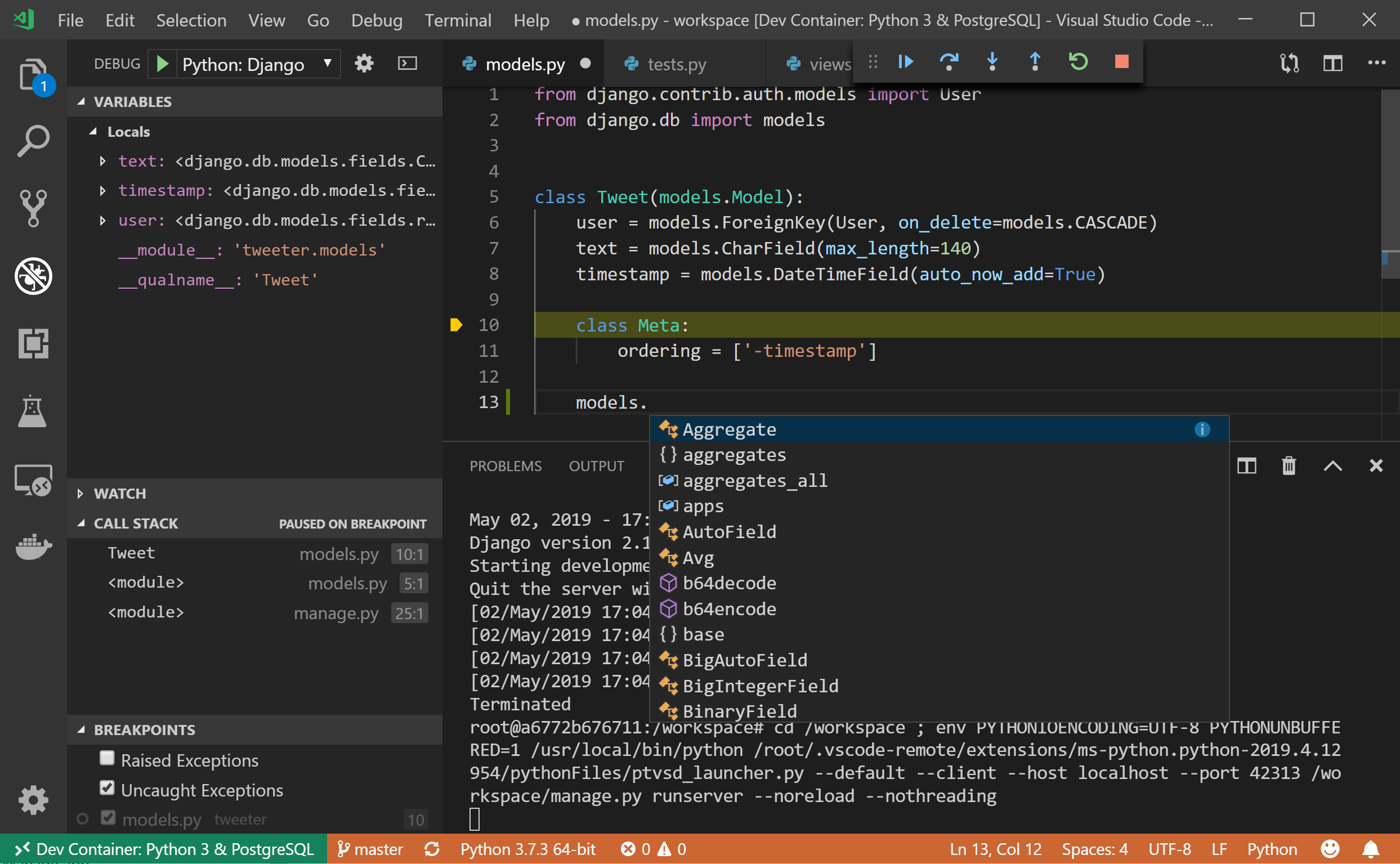 IntelliSense and Debugging working in a remote python workspace running in a docker container