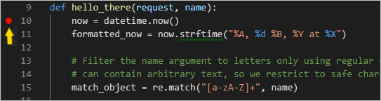 Django tutorial: a breakpoint set on the first line of the hello_there function