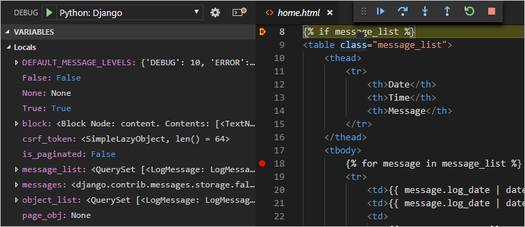 Django tutorial: debugger stopped at breakpoints in the page template