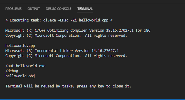 MSVC build output in terminal