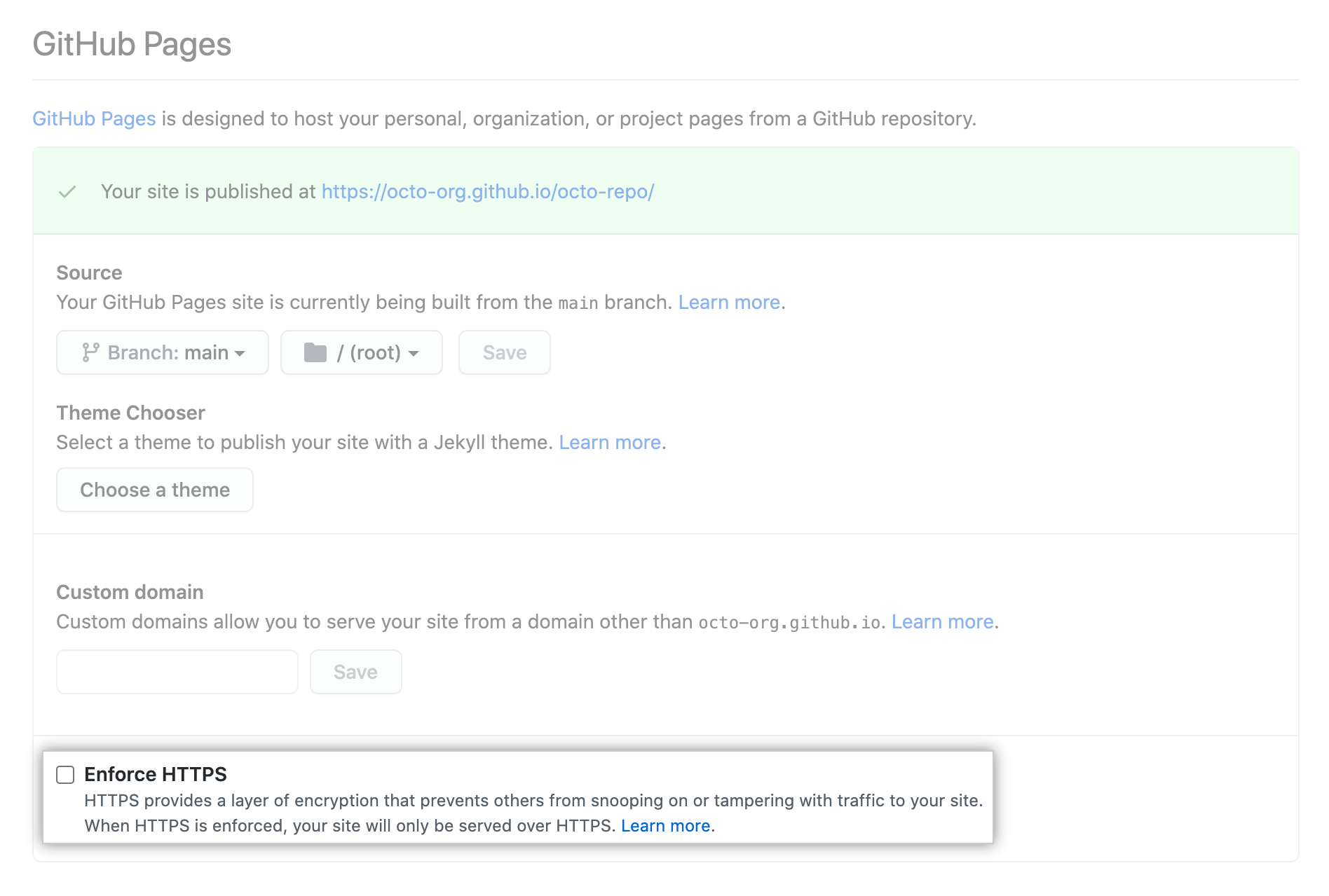 Enforce HTTPS checkbox