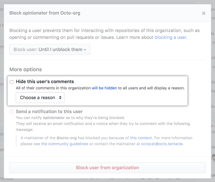 Send a notification in the block user drop-down menu
