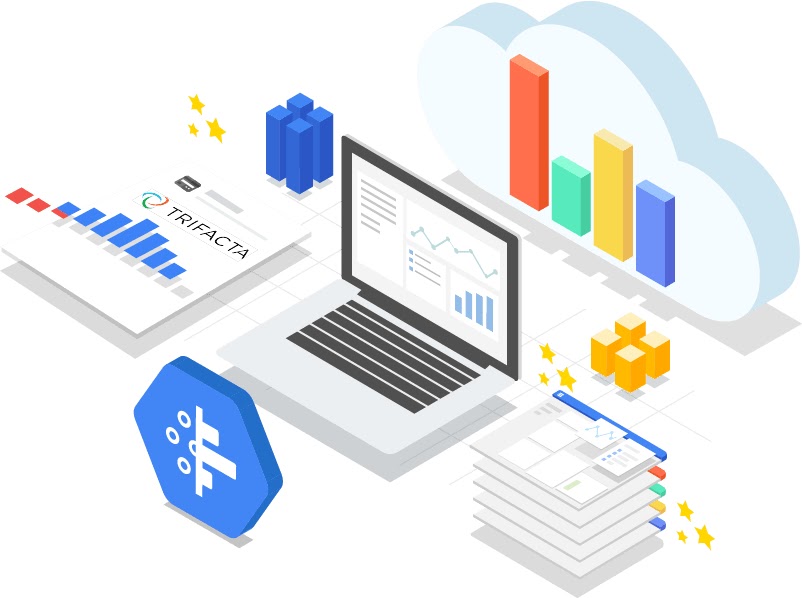 Dataprep icon sits in front of open laptop with stack of web pages to the right, a spreadsheet with Trifacta logo on it to the left, and a bar graph in the cloud behind