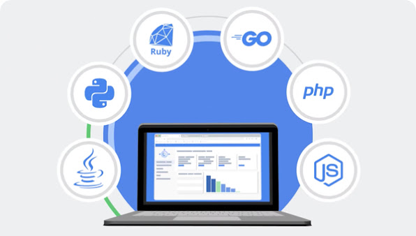 Computer monitor displaying graphed data encircled with 6 logos of programming tools: Java, Node.js, Go, Ruby, Python and PHP