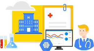 Collage image with beakers and test tubes, hospital, cloud, medical chart, monitor displaying data in graphs, man with stethoscope, and Google AI/ML icon