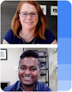 Thumbnail split image with a red-haired woman with glasses above and a man in a blue shirt below