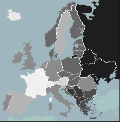 Labelled map of European countries color coded by percent of Avaaz members