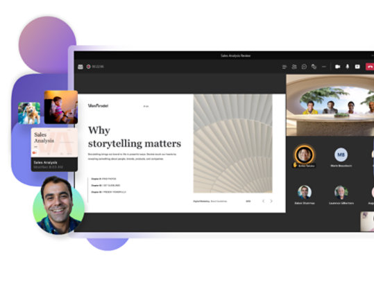 A Teams video call where a presentation on storytelling is being given and a mobile display of chat conversations in Teams.