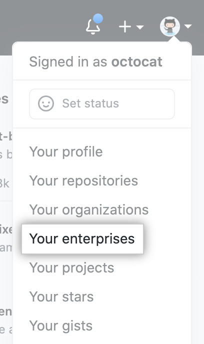 "Your enterprises" in drop-down menu for profile photo on GitHub Enterprise Cloud