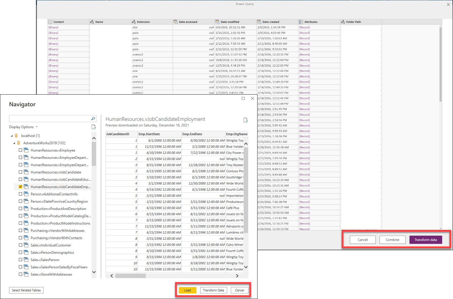 Get data load destinations in navigator window and table preview