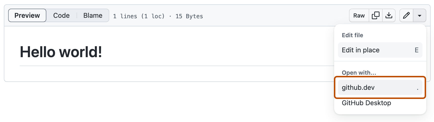 편집 아이콘의 드롭다운 메뉴 스크린샷 "github.dev" 옵션은 진한 주황색 윤곽선으로 강조 표시됩니다.