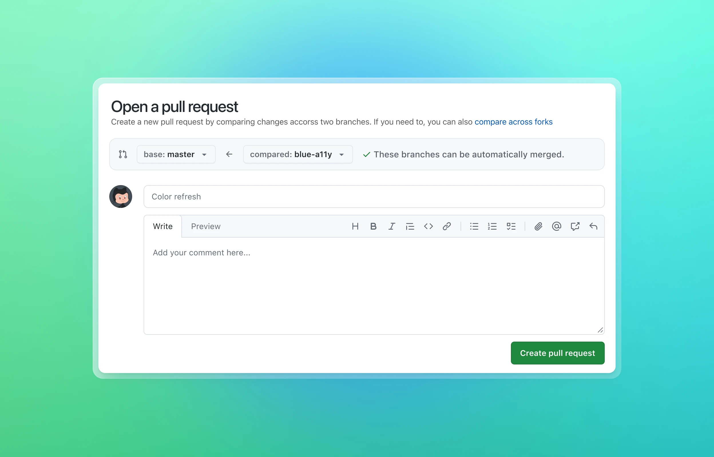 The image shows a GitHub interface for opening a pull request. It features dropdown menus for selecting base and compare branches, a green checkmark indicating automatic merge capability, a text box for comments, and formatting options.