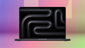 M5 MacBook Pro in black on purple background