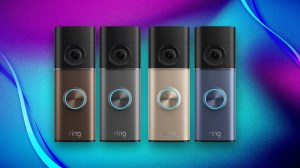 Four Ring Battery Doorbell 4K Pro units on a blue and purple background