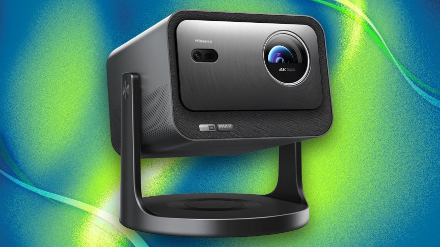 Hisense C3 laser projector against CNET Prime day commerce background.