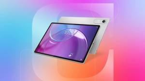 A gray tablet against a blue, orange and pink gradient CNET background.