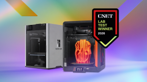 Two 3D printers on a multicolor background with a Lab Exclusive badge