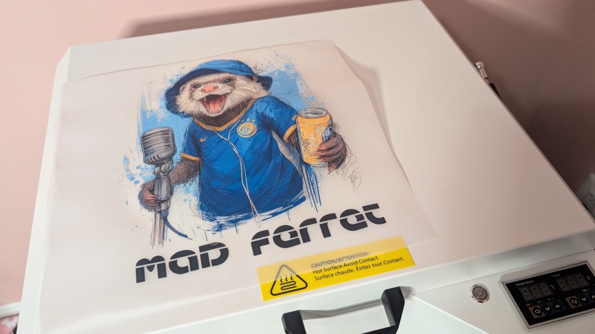 An AI generated ferret that looks a bit like Liam Gallagher with the words "Mad Ferret" underneath