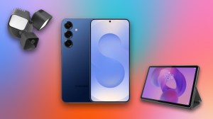 Samsung Galaxy S25 Plus, Blink security floodlights and Lenovo tablet on display against blue and pink gradient CNET commerce background.