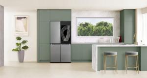A kitchen that includes a smart fridge from Samsung.