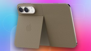 iPhone Duo Folio with kickstand in Taupe color against CNET colorful commerce background.