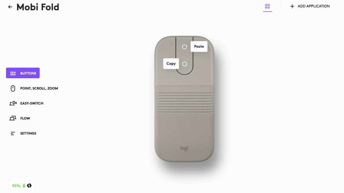 The Logi Options Plus app with the Mobi Fold mouse pictured and a set of options on the left side of the screen for adjusting mouse settings.