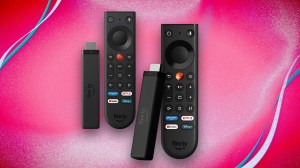 Amazon's latest Fire TV Stick 4K on display against CNET's pink commerce background.