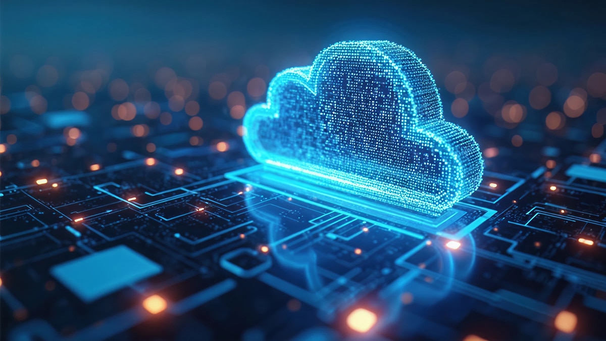 Glowing blue cloud icon made of digital dots above circuit board, representing cloud computing and data network
