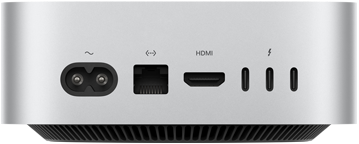 „Mac mini“ iš galo: maitinimo lizdas, eterneto prievadas, HDMI prievadas ir trys „Thunderbolt“ prievadai.