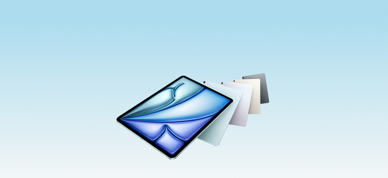 iPad Air models floating, back exterior, single-lens camera, front exterior, rounded corners, black display bezel