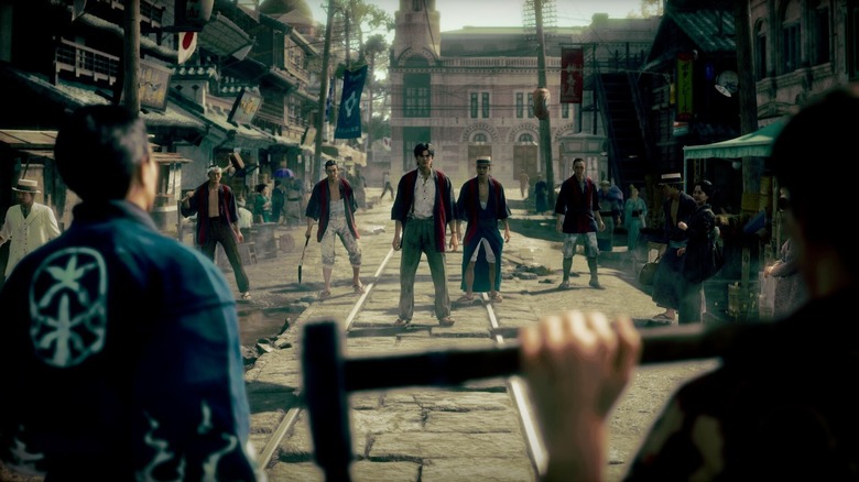 Video game screenshot of two gangs squaring off in early 20th-century Japan.