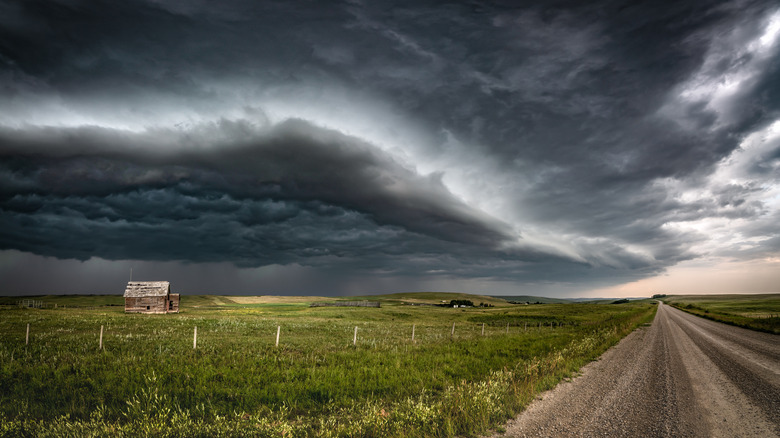 Rain clouds over a farm