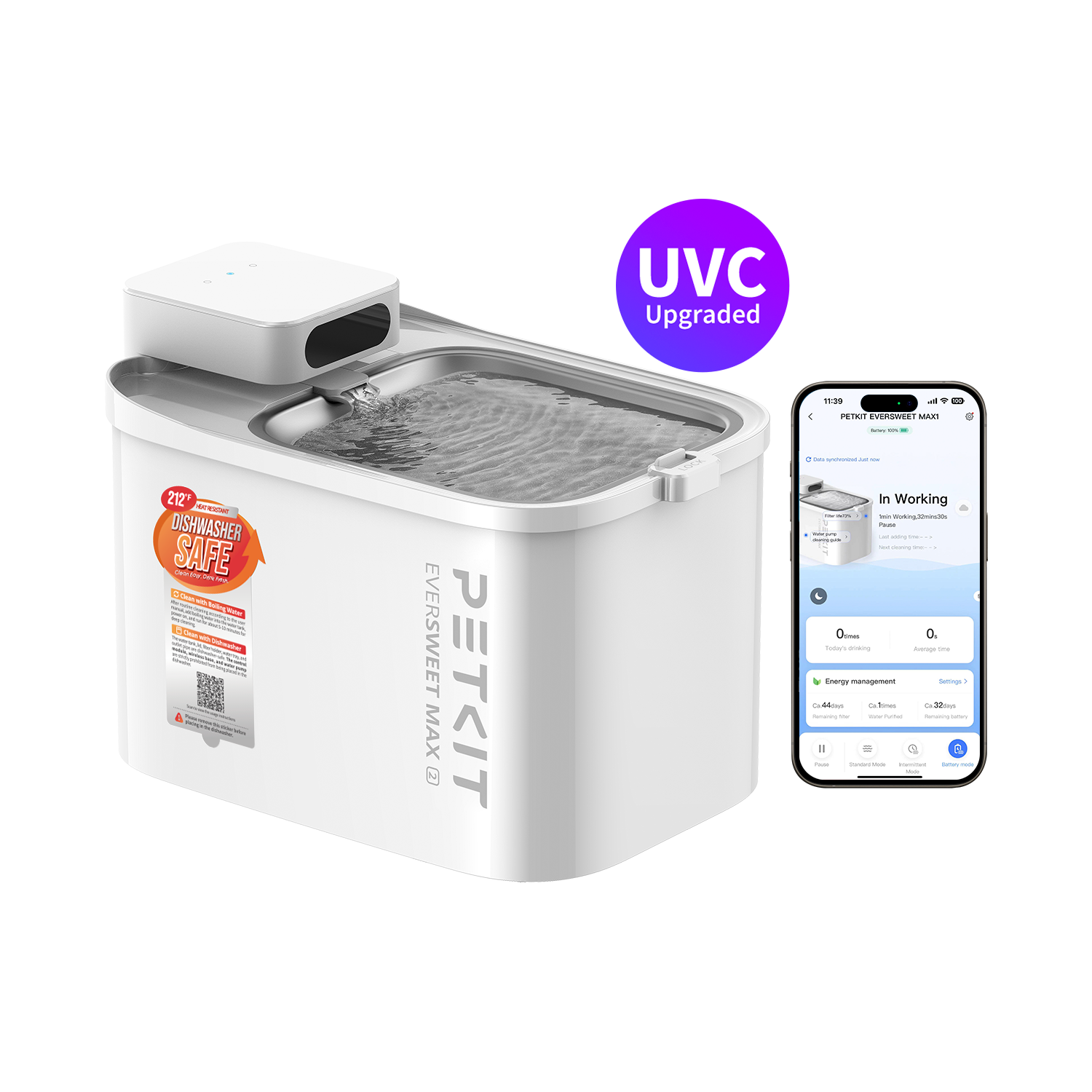 PETKIT EVERSWEET MAX 2 cordless cat water fountain, cat water dispenser, PETKIT App connection shown on smartphone