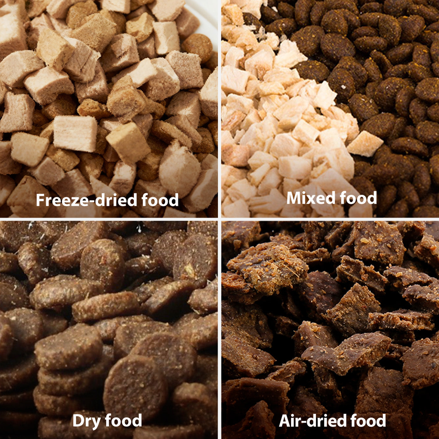 Feeder supports kibble and freeze-dried treats of compatible sizes.