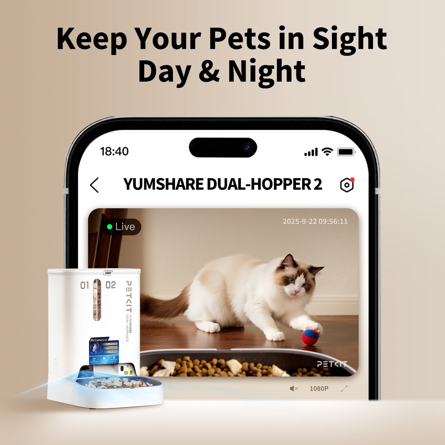 PETKIT app-controlled automatic pet feeder, automatic dispenser with camera for monitoring pets day and night