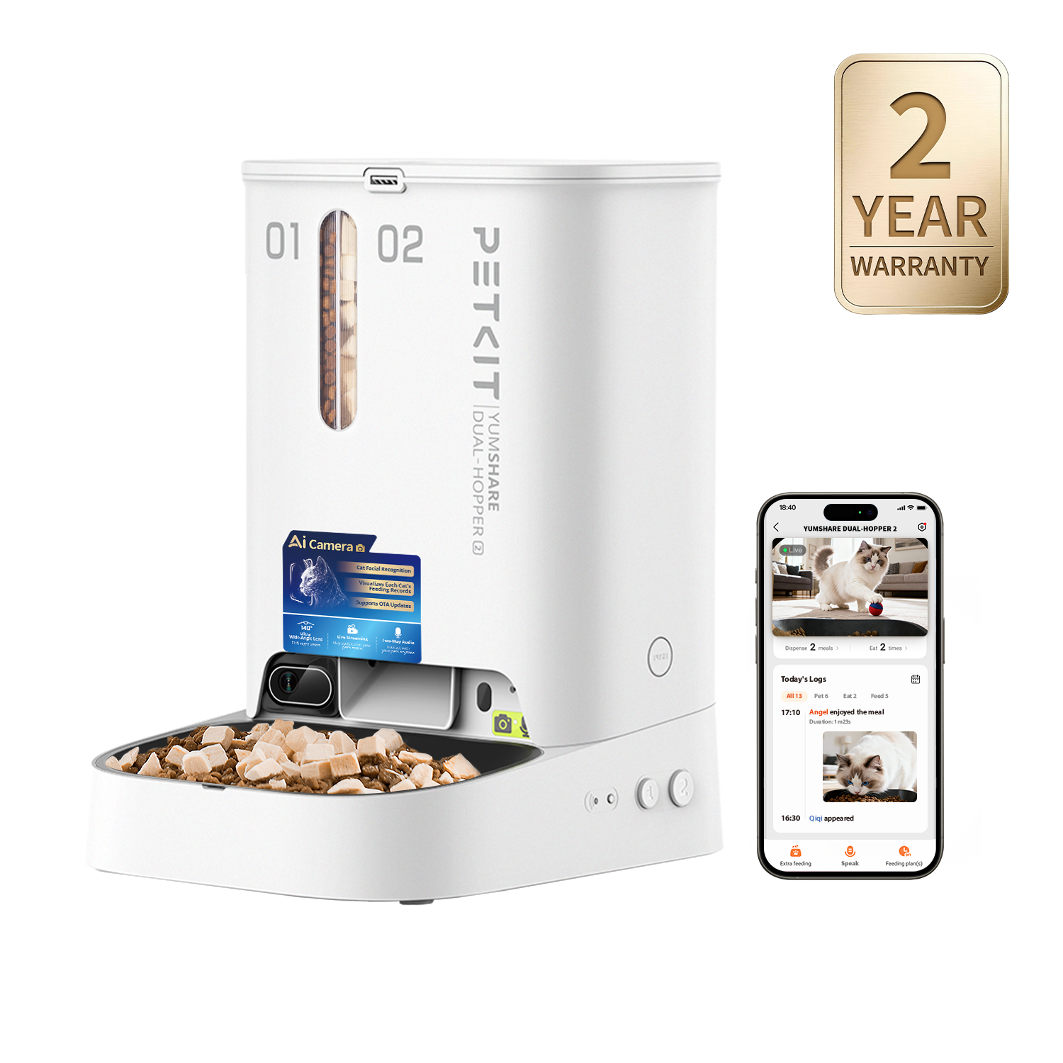 PETKIT YumShare Dual-Hopper 2 automatic pet feeder, automatic dispenser with camera for real-time monitoring