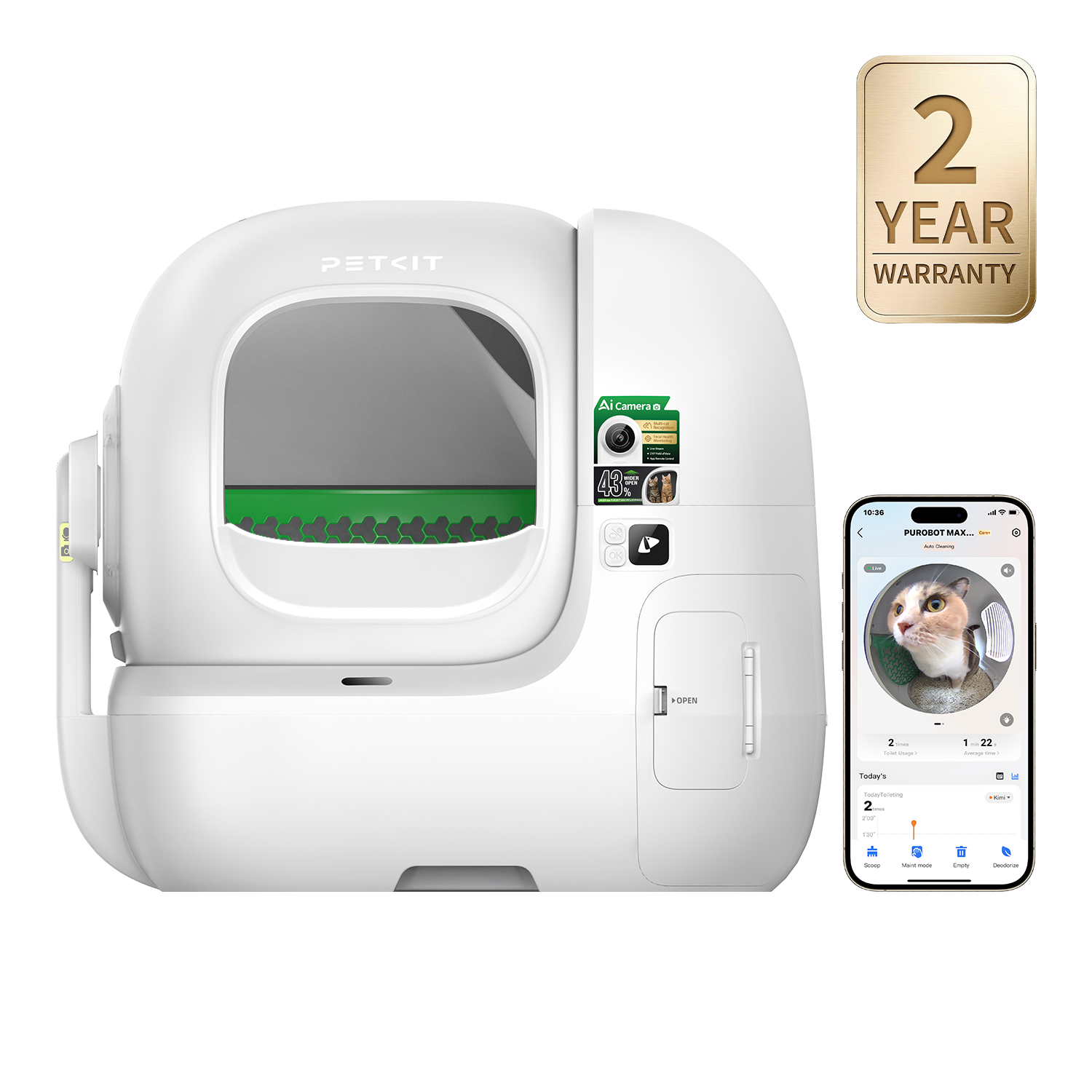 A white Petkit automatic cat litter box shown on a clean white background, alongside a smartphone displaying a cat video feed and a gold '2 YEAR WARRANTY' badge.