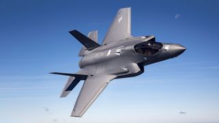 F-35 fighter jets in flight.