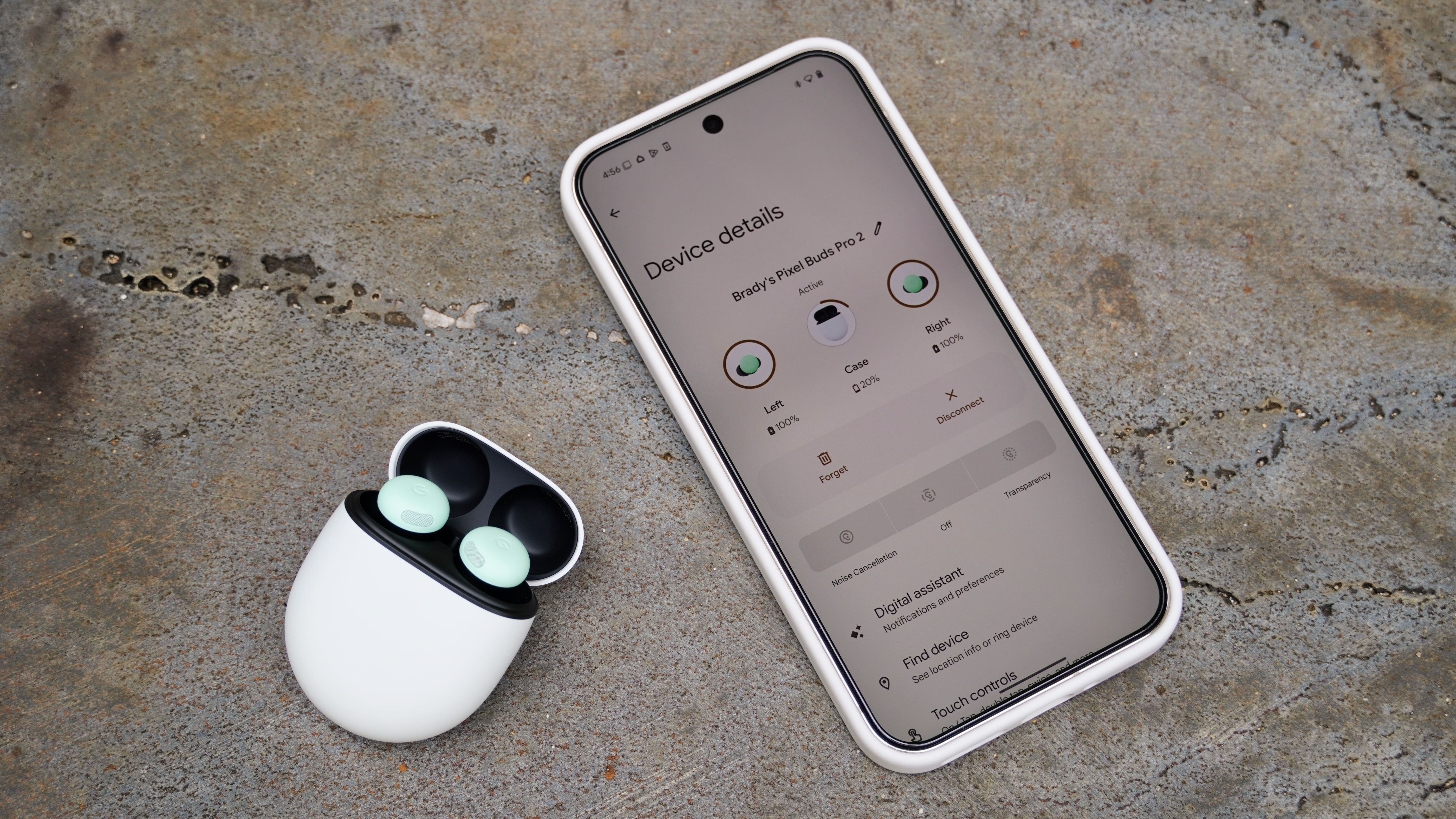 The Google Pixel Buds Pro 2 in the Mint colorway.