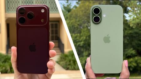 The iPhone 18 Pro in burgundy being held up alongside the iPhone 17 in green