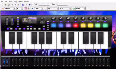 Screenshot of old music production software featuring a virtual keyboard with piano keys and various controls. The interface includes colorful pads, knobs for adjusting parameters, and a row of virtual faders at the bottom, designed for composing and editing music tracks