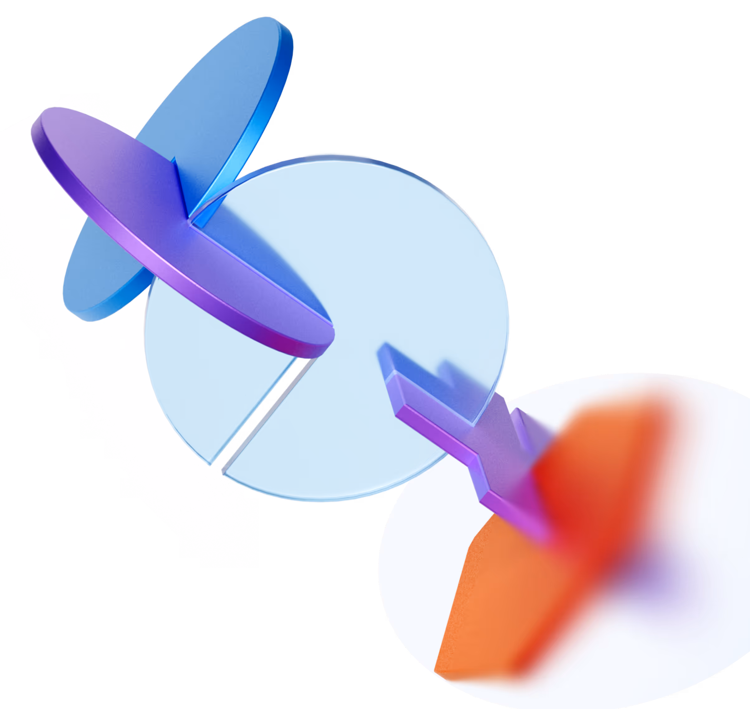 Abstract 3D geometric shapes consisting of intersecting blue, purple, and orange discs and planes on a white background.