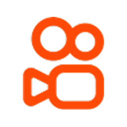 Orange video camera icon with two circular reels on top and a rectangular body below on black background.