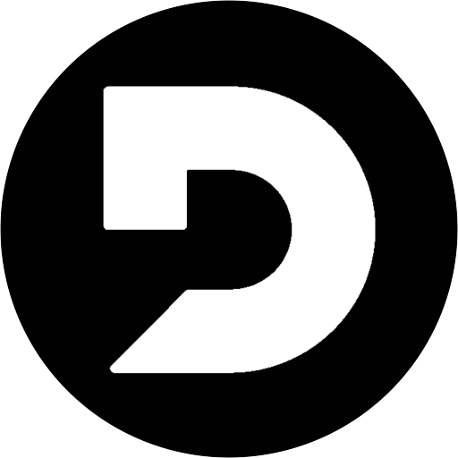 White stylized letter D on a black circular background.