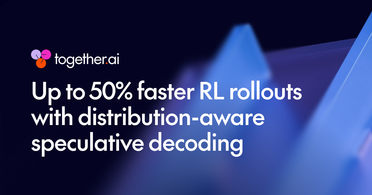 Together.ai text stating up to 50% faster RL rollouts with distribution-aware speculative decoding.