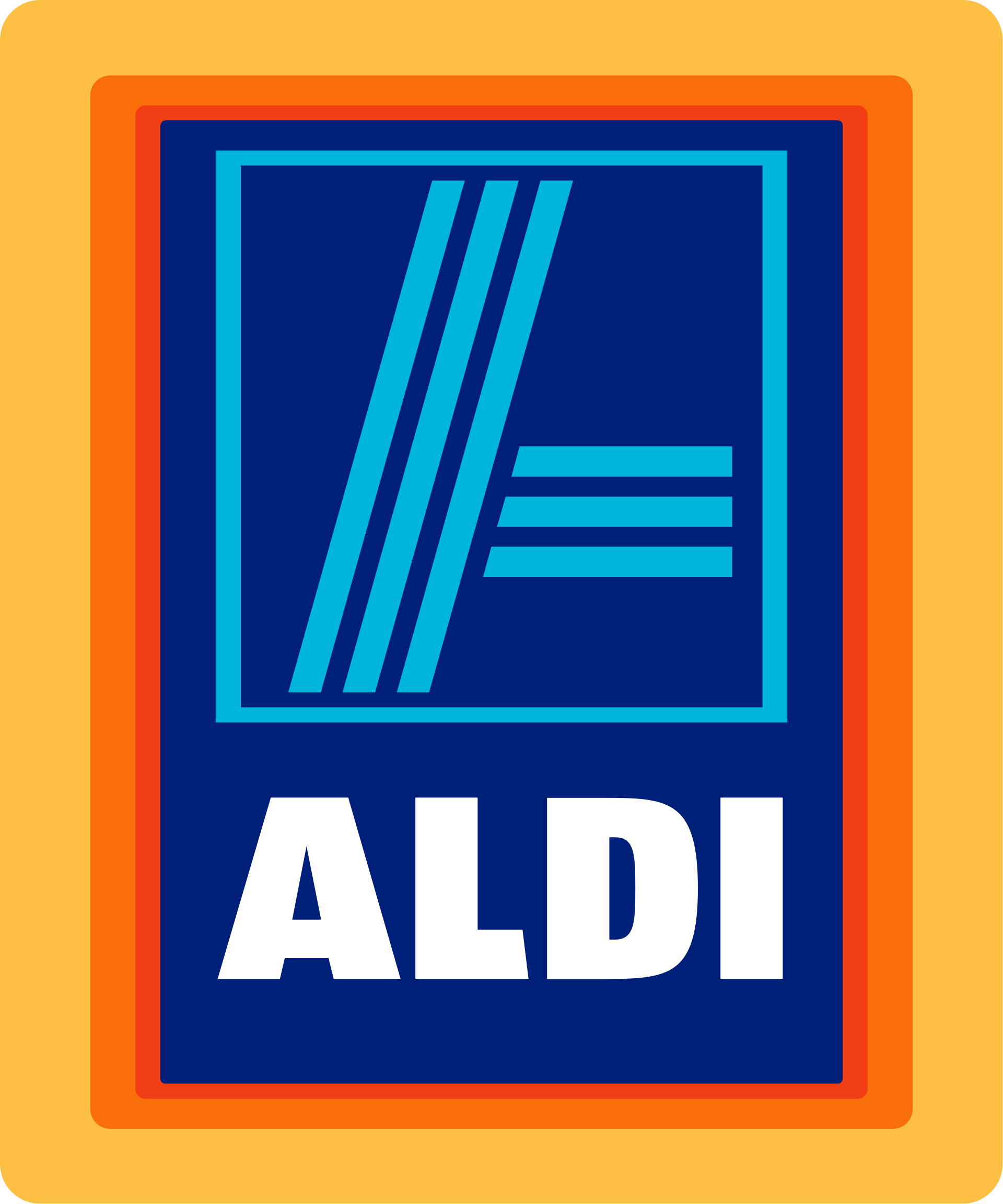 ALDI logo with a blue background, stylized A in blue shades, and white text on an orange frame.