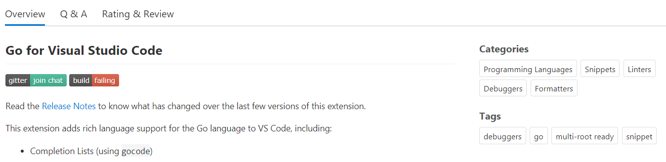 Screenshot showing extension categories and tags on an extension details page.