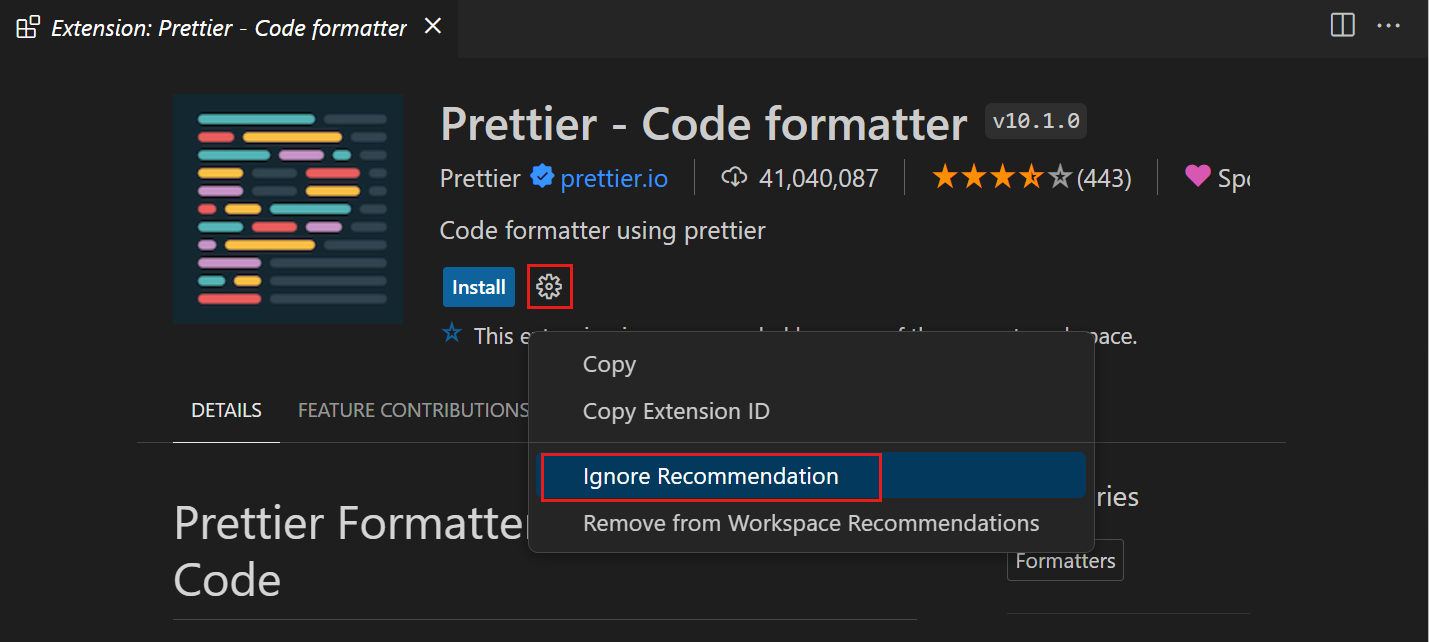 Screenshot showing the option to ignore an extension recommendation.