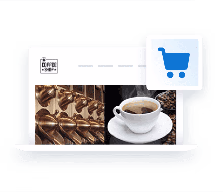 Coffee shop website displaying coffee machines and a cup of coffee with a shopping cart icon.